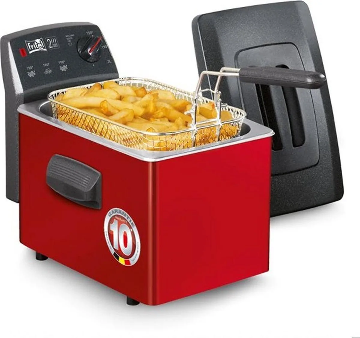Frituurpan - Turbo SF® 4153 - Friteuse met Antistofdeksel - Olie + Vast Vet - 2-4 persoenen - 2200W - 3 liter - 10 jaar Garantie by Fritel in Red – product photo