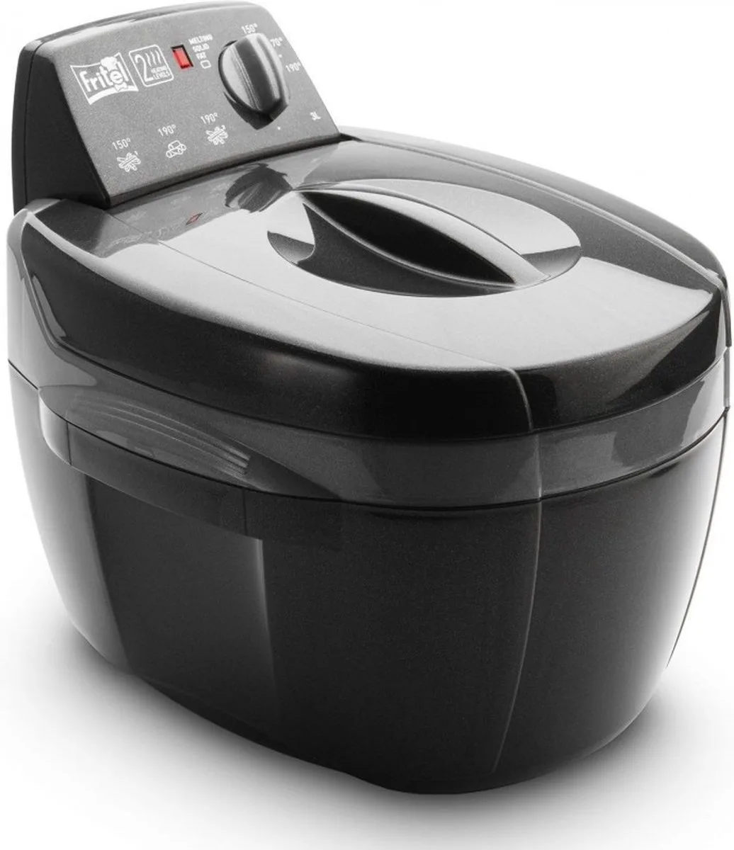Frituurpan - Turbo SF® 4209 - Friteuse met Antistofdeksel - Olie + Vast Vet - 2-4 personen - 2300W - 3 liter - Rond - Retro van Fritel in Antracietgrijs – productfoto