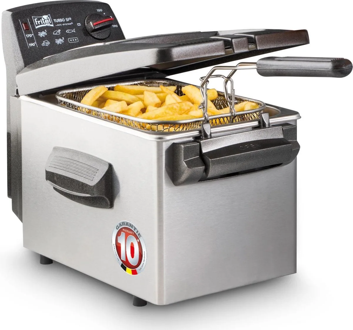 Frituurpan - Turbo SF® 4345 - Friteuse met Filterdeksel met Kijkvenster - Olie + Vast Vet - 3-5 persoenen - 3200W - 4 liter van Fritel in Inox – productfoto