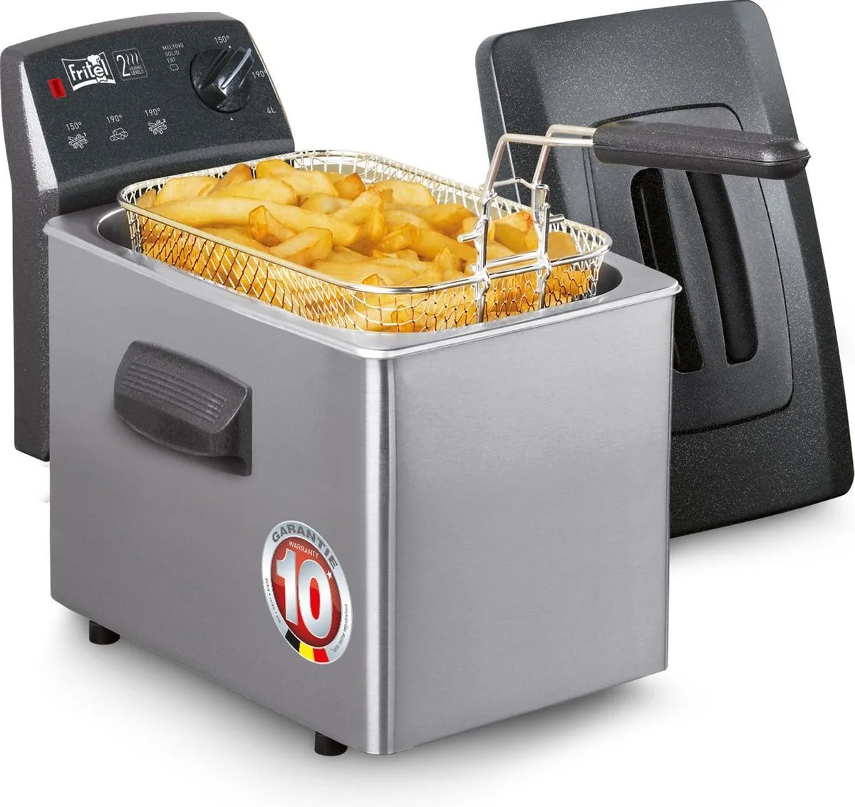 Frituurpan - Turbo SF® 4350 - Friteuse met Antistofdeksel - Olie + Vast Vet - 3-5 personen - 2800W - 4 liter - 10 jaar Garantie van Fritel in Inox – productfoto