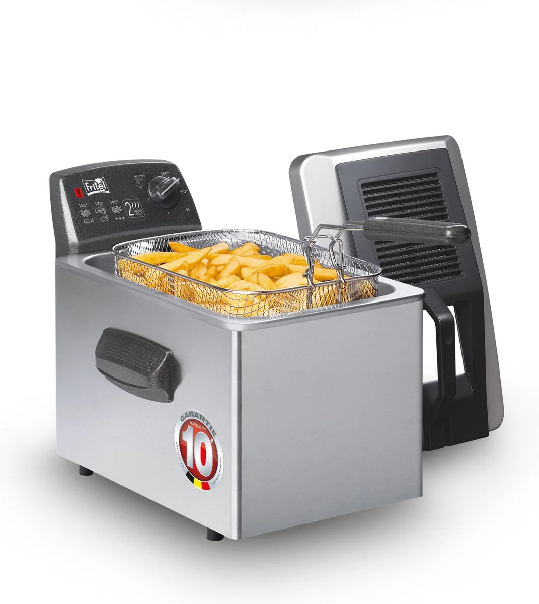 Frituurpan - Turbo SF® 4571 - Friteuse met Filterdeksel incl. Kijkvenster - Olie + Vast Vet - 5 persoons - 3200W - 5 liter van Fritel in Inox – productfoto