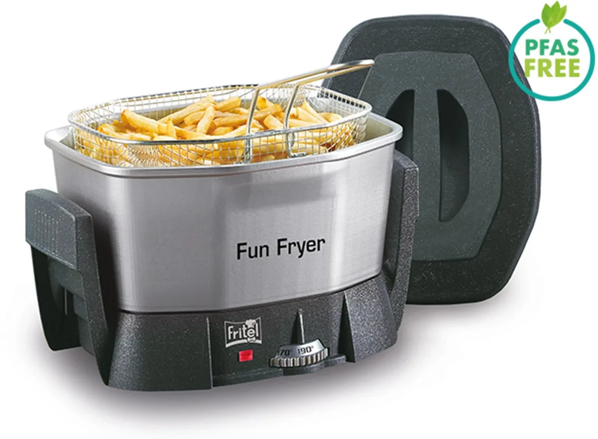 Fun Friteuse FF 1200 - Snack Frituurpan / Fondue Friteuse - 1,5L - 1400W - Antistofdeksel - 2 tot 6 Pers.- PFAS-vrij van Fritel in Zilver – productfoto