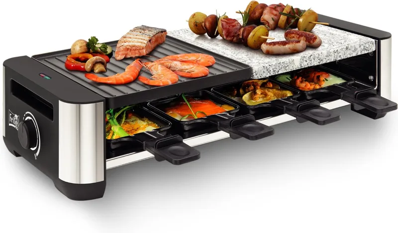 Gourmetstel - RSG 3280 - 2-in-1 Raclette Grill - Contactgrill met Omkeerbare Bakplaat - Tafelgrill 8 Personen - Tepanyaki Bakplaat - 1400W - Incl. 8 Raclettepannetjes + Spatels van Fritel in Zwar, Inox – productfoto