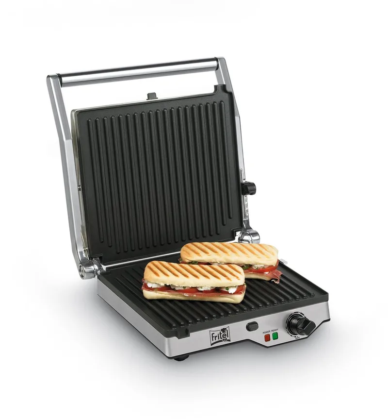 Grill GR 2275 - Paninigrill, Tosti-ijzer & BBQ in 1 - Elektrische Grill 29x26 cm - 2000W - Uitneembare Platen - 180° Openklapbaar by Fritel in Inox – product photo