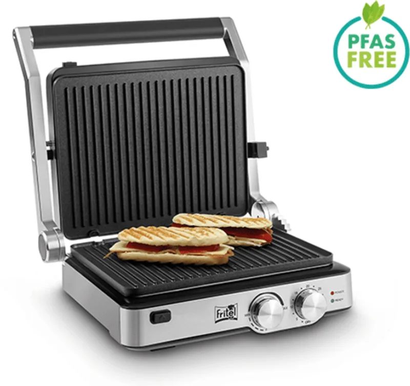 Grill GR 2285 - Paninigrill, Tosti-ijzer & BBQ in 1 - Elektrische Grill 29x23 cm - 2000W - Uitneembare Platen - 180° Openklapbaar fra Fritel i Rvs – produktbillede