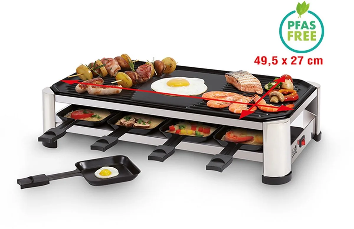 Raclette Grill RG 2170 - Elektrische Tafelgrill - Gourmetstel & Teppanyaki - PFAS vrij - 1500W - 49,5x27 cm - 2 tot 8 Personen - Incl. 8 Raclettepannetjes & Spatels van Fritel in Zilver – productfoto