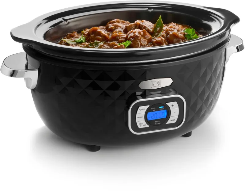 Slow Cooker SC 2395 - Elektrische Stoofpot / Crock Pot - 5,5L - 210W - 4 tot 8 Pers. - Keramische pot - 4 Warmtestanden - Display von Fritel in Schwarz, Chrom – Produktfoto