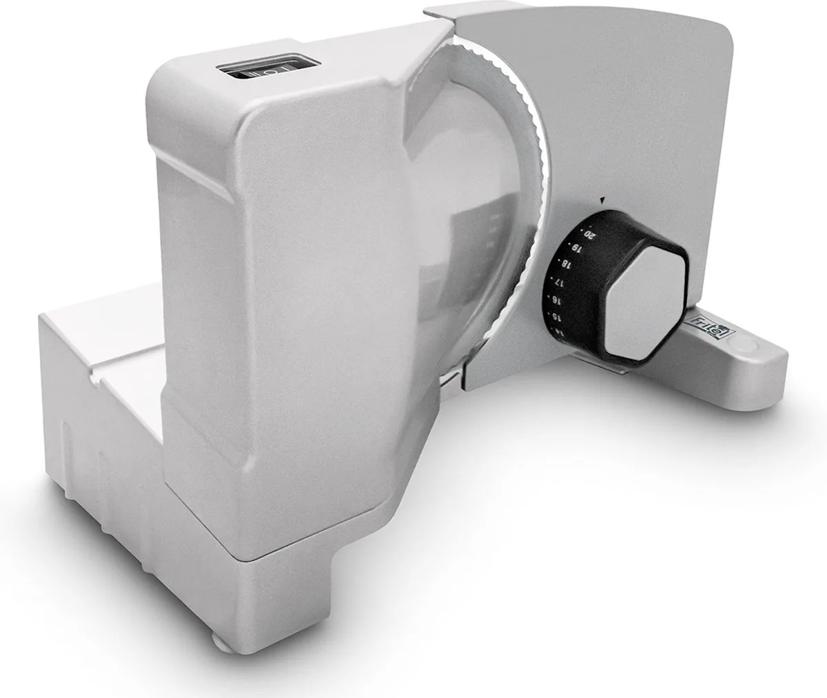 Snijmachine - SL 3657 - Broodsnijmachine met Universeel Mes - Vlees- en Broodsnijder - 0-20mm -Ø 17cm - Vleessnijmachine voor thuis elektrisch - Schuine slede 15° - 150W från Fritel i Inox – produktbild