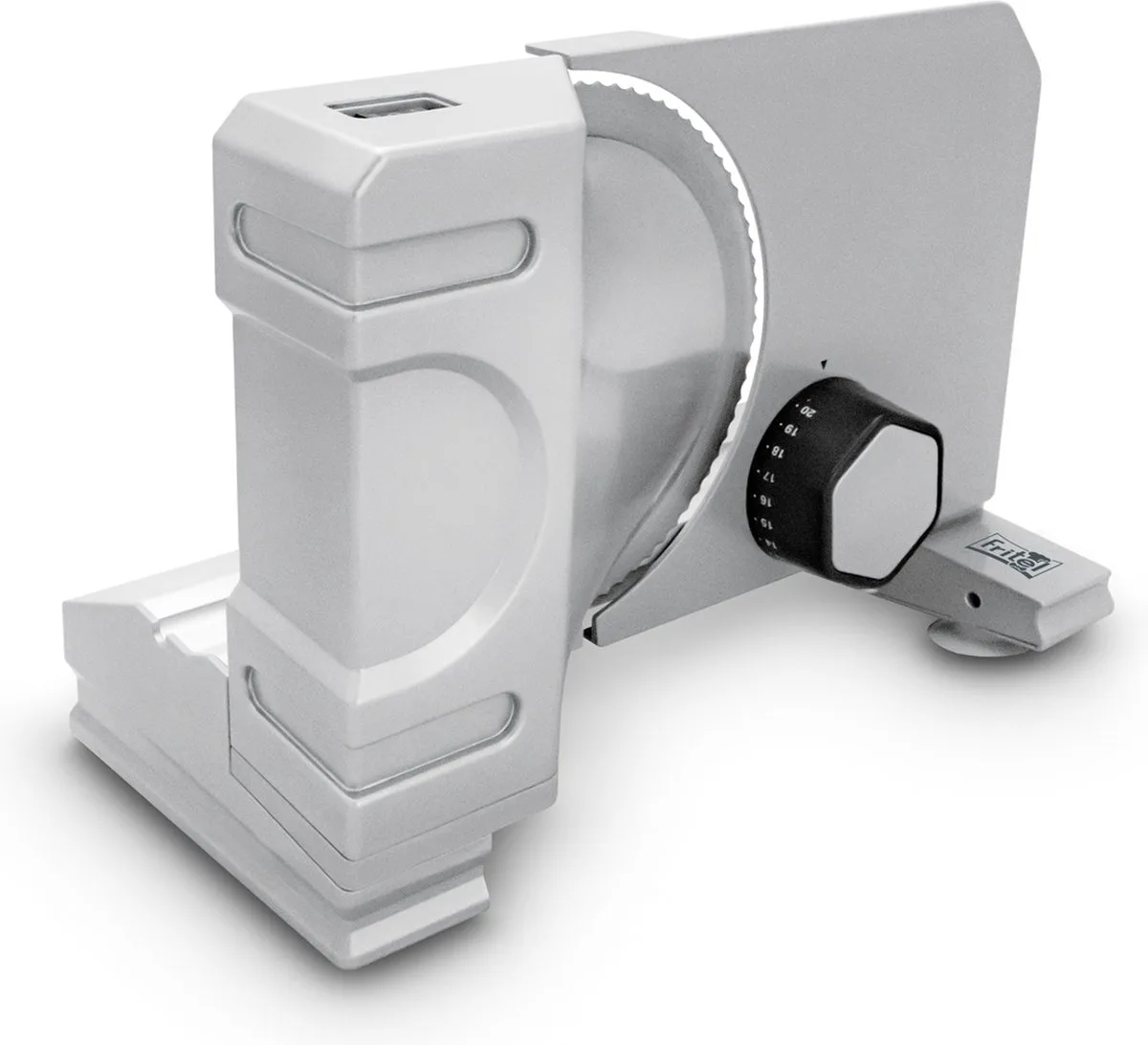 Snijmachine SL 3710 - Allessnijder / Broodsnijder / Vleessnijder - 0-20mm - Ø 19cm - 150W - Universeel mes - Schuine slede 15° fra Fritel i Inox, Zilvergrijs – produktbillede