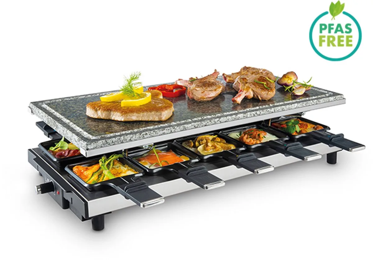 Steengrill SG 4195 - Tafelgrill / Raclette - Natuursteen - 1700W - 48,5 x 24 cm - 2 to 10 Pers.+ 10 Pannetjes - PFAS vrij van Fritel in Zwart – productfoto