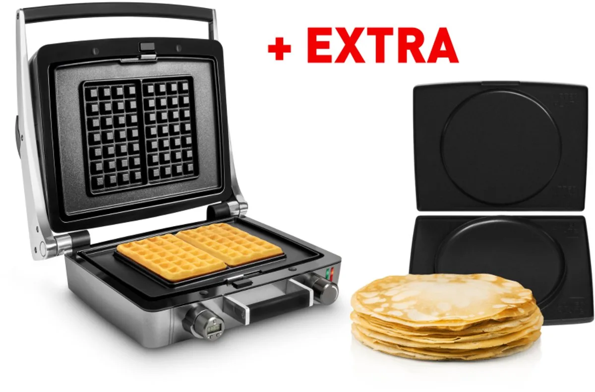 Wafelijzer - WaffleTastic® CW 3638 + pannenkoekplaten platen - PFAS vrij - 4x7 Wafel - Combi Deal van Fritel in Antraciet – productfoto