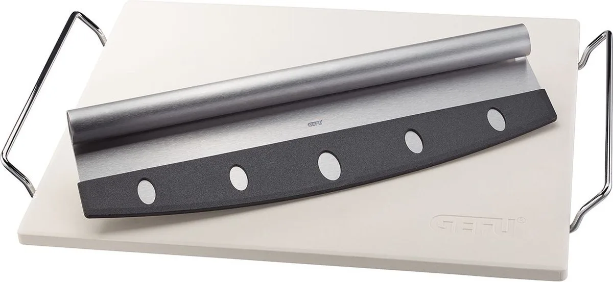 3-delige Pizzaset: Pizzasteen met houder & Pizzames, Rechthoek, 38 x 30 cm, Geschikt voor oven, gas en BBQ de GEFU en Blanc – photo produit