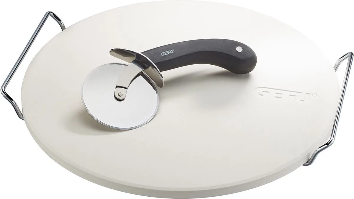 3-delige Pizzaset: Pizzasteen met houder & Pizzames, Rond, Ø33 cm, Geschikt voor oven, gas en BBQ de GEFU en Blanc – photo produit