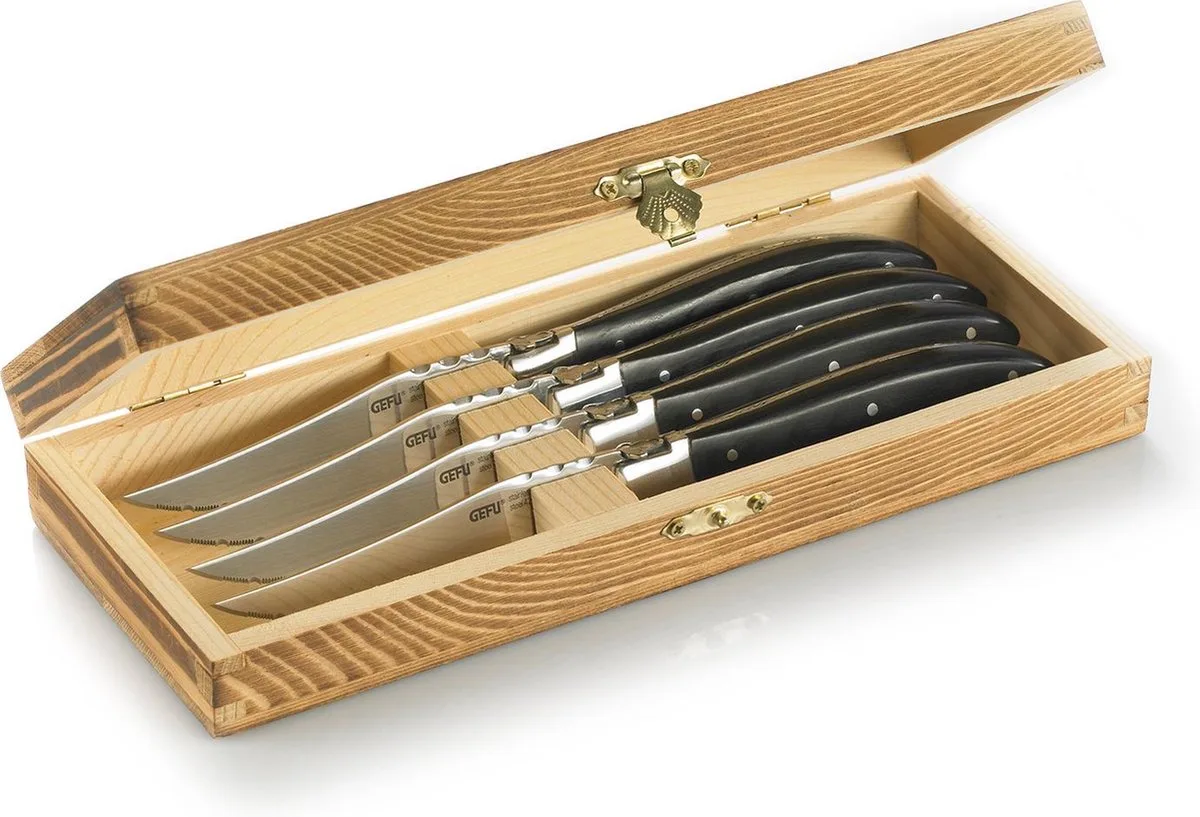 BASCO Steakmesserset - 4-delig - Pakkahout - Inclusief Luxe Houten Geschenkbox van GEFU in Zwart – productfoto
