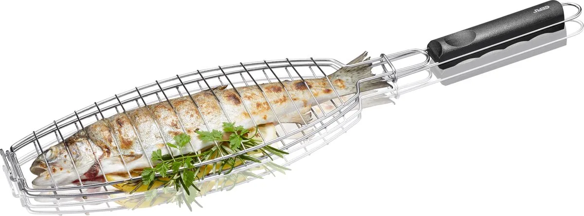 BBQ Vishouder - RVS Visrooster voor Barbecue - Met Houten Handgreep van GEFU in Zilver – productfoto
