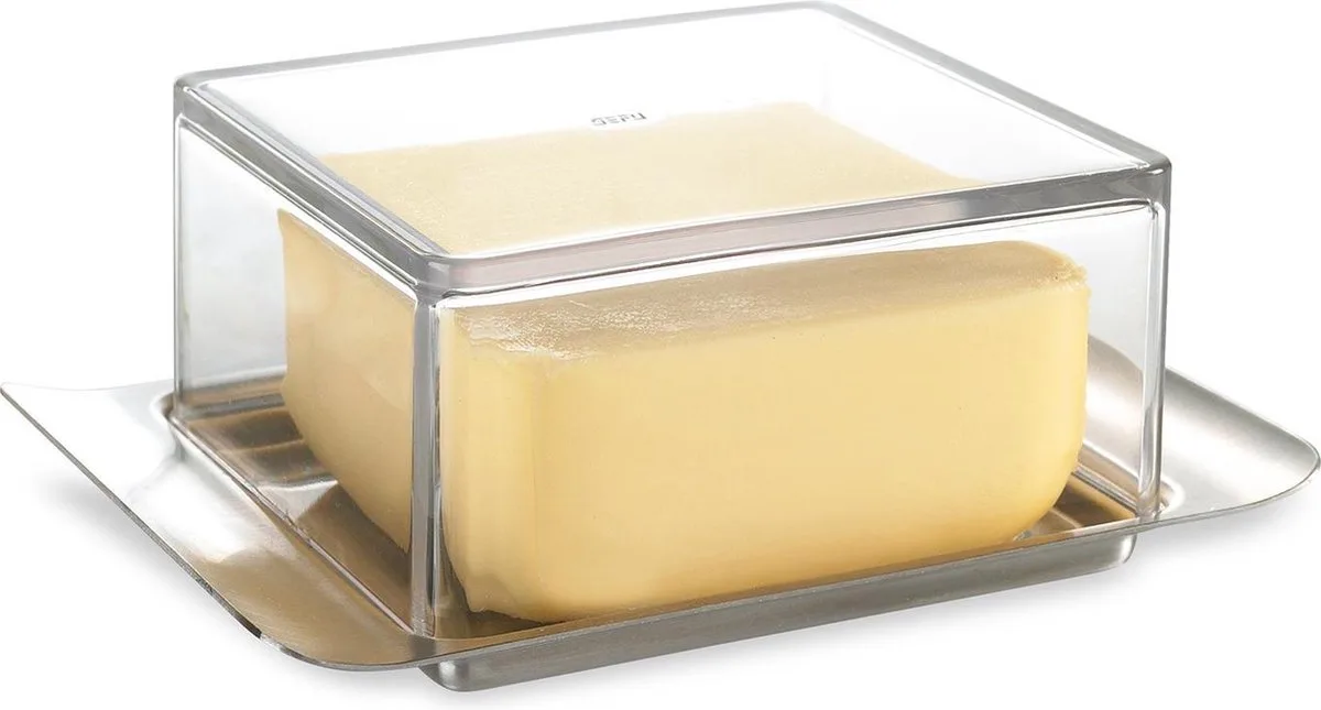 BRUNCH Botervloot 125 g – 14 x 8 cm – RVS/Kunststof – Transparante Deksel von GEFU in Silber – Produktfoto