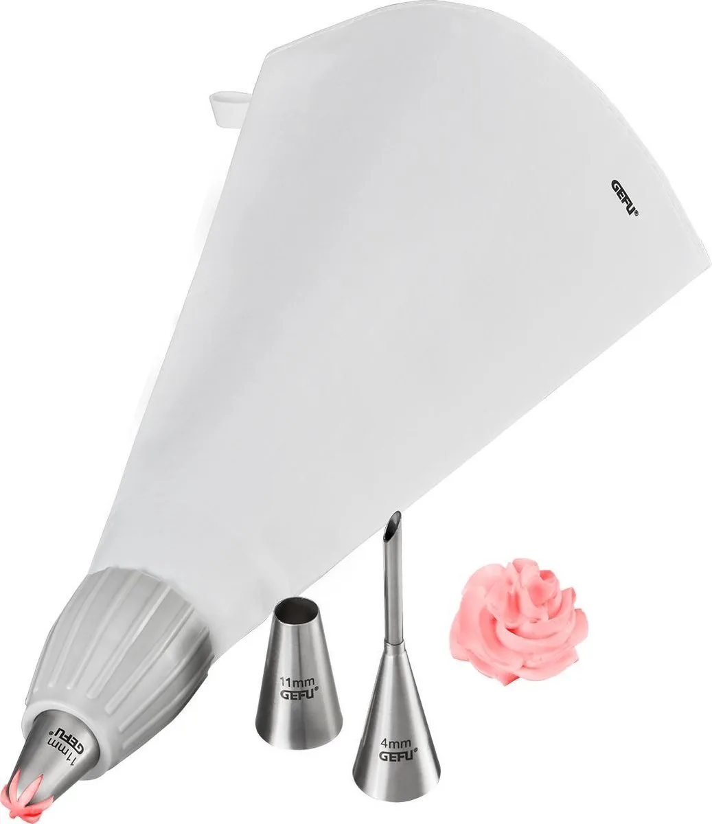 DECORE Spuitzak Set – 5-delig – Inclusief 3 RVS Spuitmondjes – Voor Taarten, Cupcakes en Gebak van GEFU in Wit – productfoto