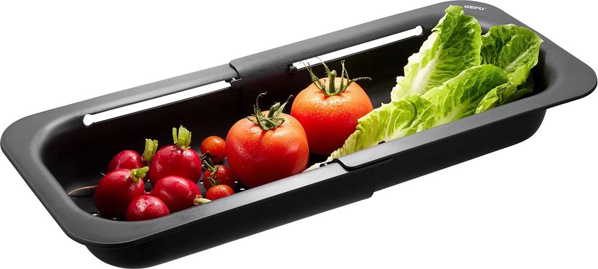 DRENARE Uitschuifbaar Vergiet voor Spoelbak – 34 tot 47 cm – Kunststof – Vaatwasserbestendig van GEFU in Zwart – productfoto