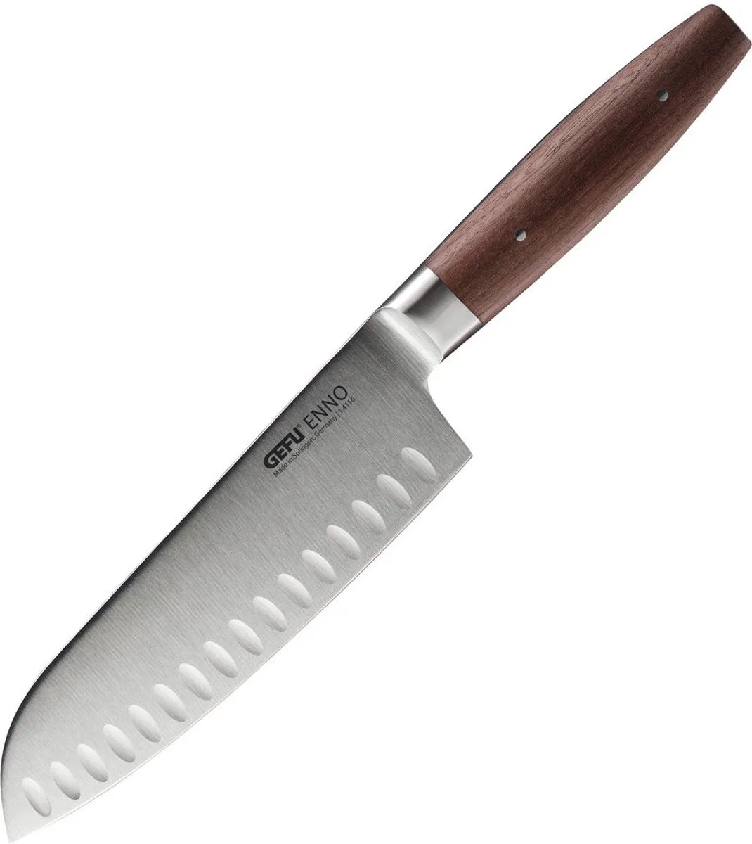 ENNO Santokumes 18 cm – Solinger Staal – Walnotenhouten Handgreep – Kullenslijping – Made in Germany van GEFU in Walnoot, Metaal – productfoto