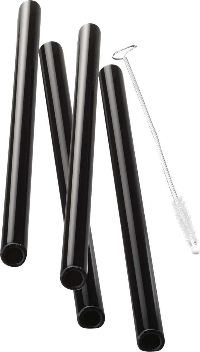 FUTURE Glazen Rietjes Zwart – 18 cm – Set van 4 – Inclusief Reinigingsborstel van GEFU in Transparant – productfoto