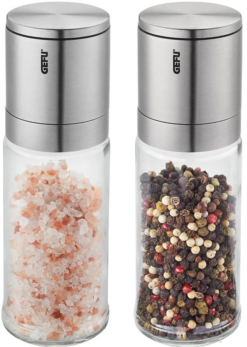 LAMOLA Zout- en Pepermolenset 16,6 cm – 2-delig – Keramisch Maalwerk – RVS/Glas von GEFU in Silber – Produktfoto