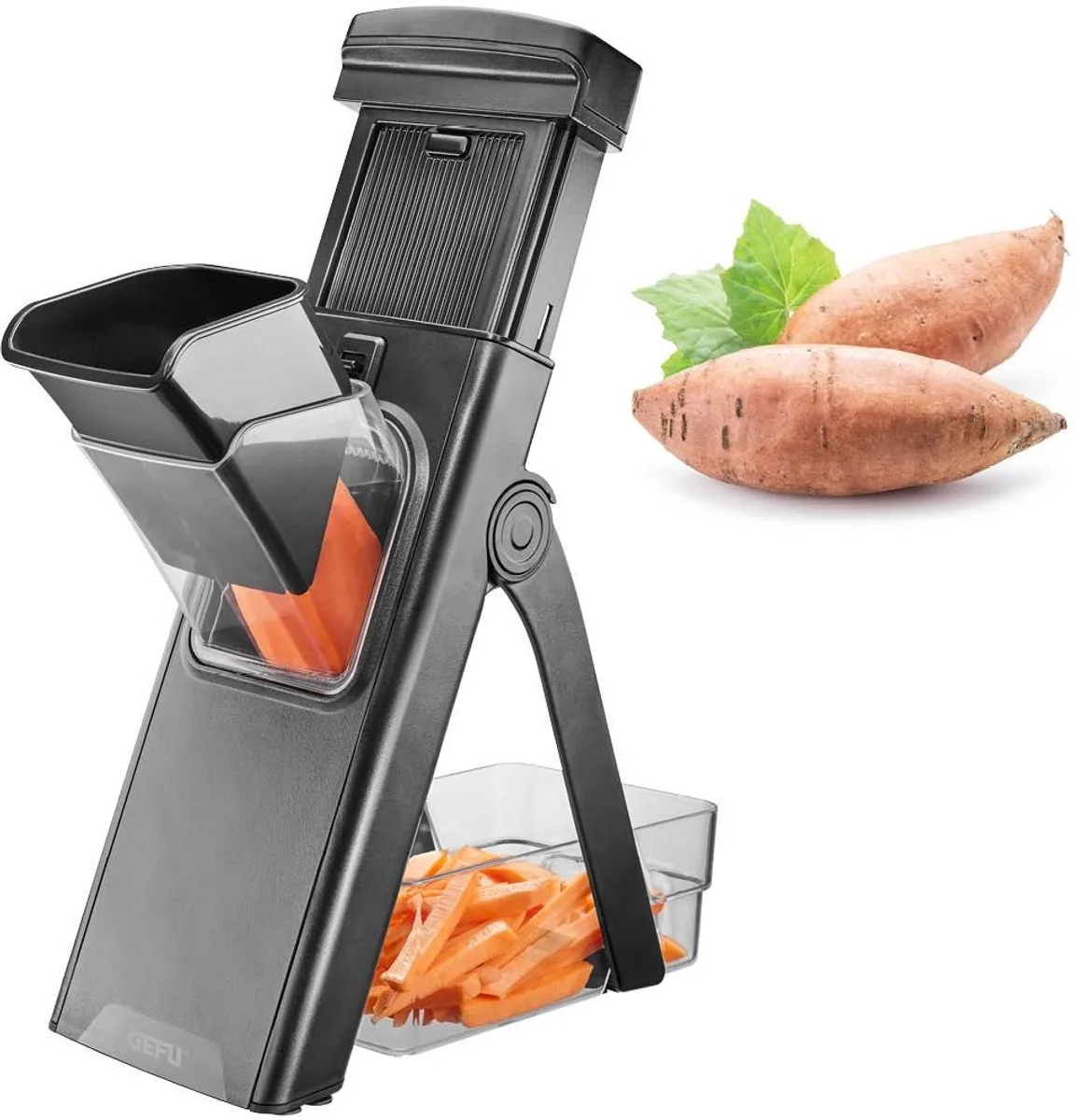 Mandoline, Veilige Aardappel & Groentesnijder, Instelbaar, Plakken & Julienne, Antislip, Inclusief Opvangbak, RVS, Kunststof de GEFU en Noir – photo produit