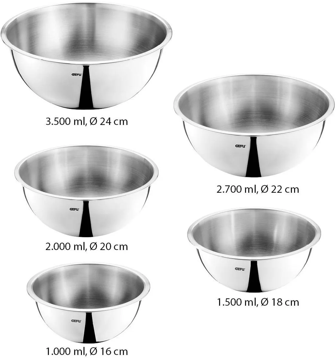 Mengkommen, Beslagkommen, Schalen, Set van 5 Stuks, RVS, Vaatwasmachinebestendig de GEFU en Argent – photo produit
