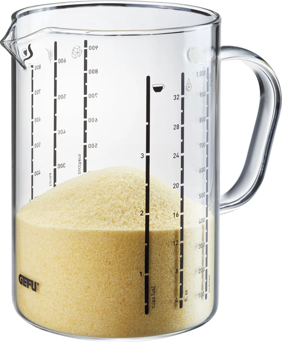 METI Maatbeker – 1 Liter – Borosilicaatglas – Met Maataanduiding en Schenktuit van GEFU in Transparant – productfoto