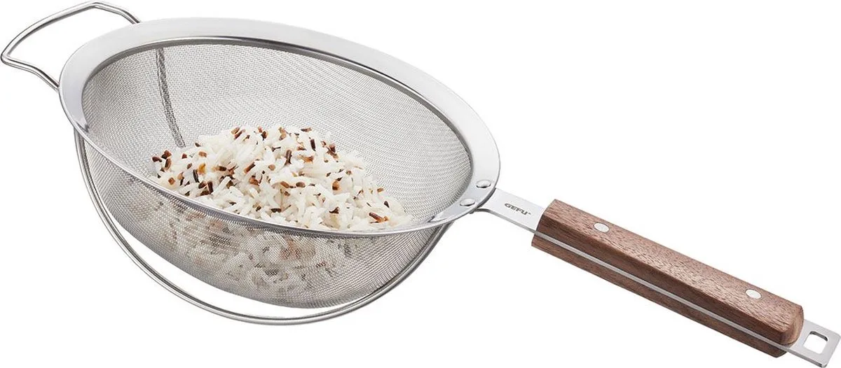 PASSO Zeef – 20 cm – RVS Zeef met Walnoothouten Handgreep – Fijnmazig van GEFU in Walnoot, Rvs – productfoto