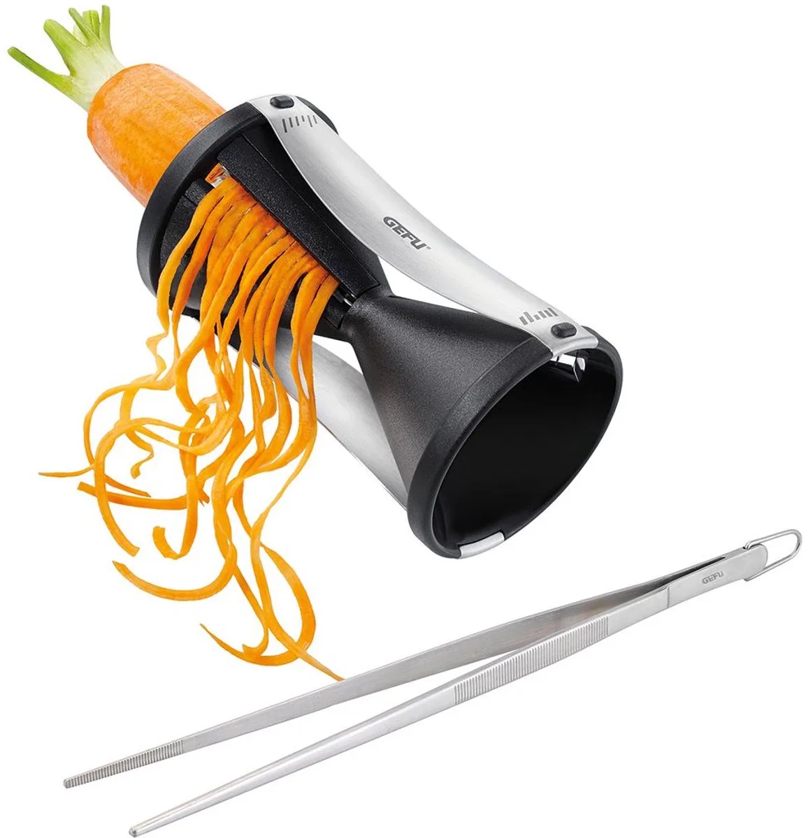 Set: SPIRELLI Spiraalsnijder en SOCO keukenpincet, Inclusief Schoonmaakborstel, Julienne Slierten van 2 x 3 mm en 3.5 x 5 mm van GEFU in Zilver – productfoto
