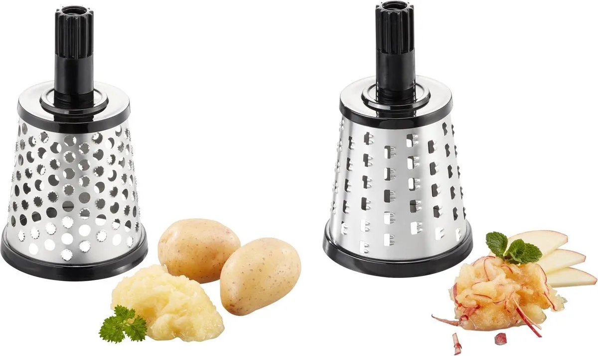 TRANSFORMA Uitbreidingsset Trommels – 2-delig – Rasp- en Snijtrommels voor Trommelrasp van GEFU in Zwart, Stainless steel – productfoto