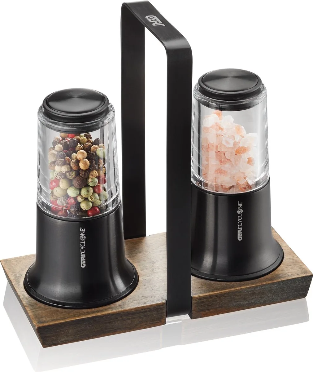 X-PLOSION® Peper- en Zoutmolen Set – 2-delig – Met Acaciahouten Houder van GEFU in Zwart – productfoto
