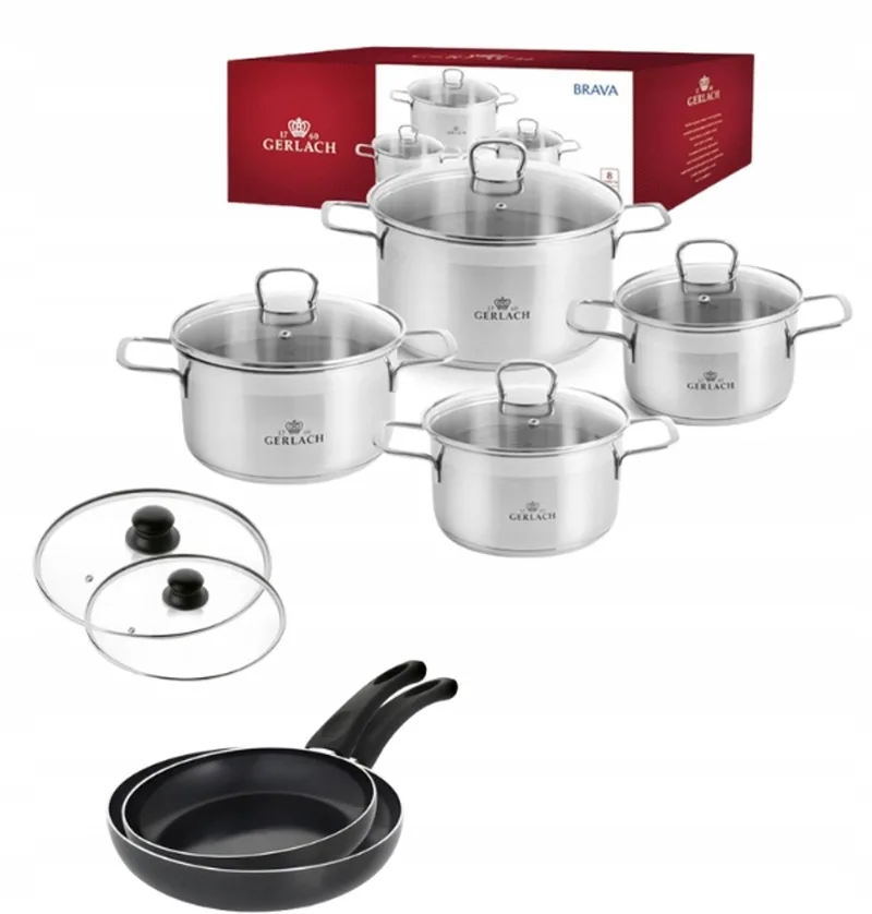 Brava Pannenset 8-delig + 2 Koekenpannen & Deksel von Gerlach in Silber – Produktfoto
