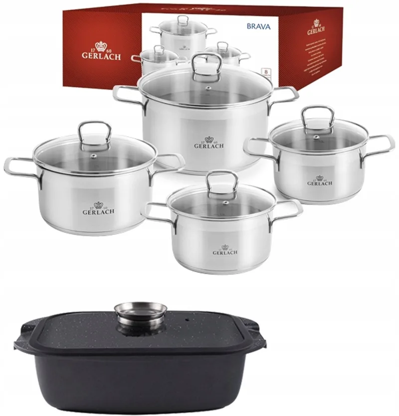 Brava Pannenset 8-delig + Braadpan & Deksel - Inductie von Gerlach in Silber – Produktfoto
