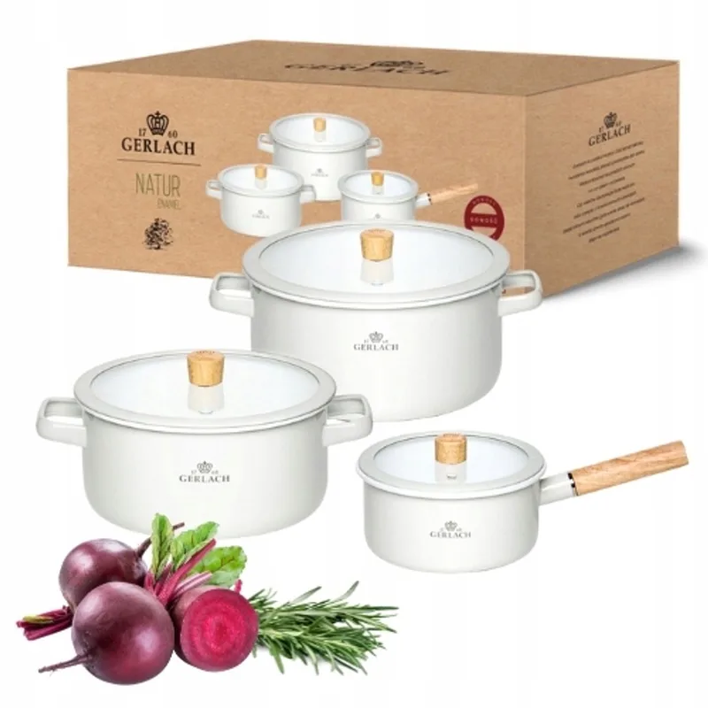 Natur Enamel pannenset 6-delig met deksels by Gerlach in White – product photo