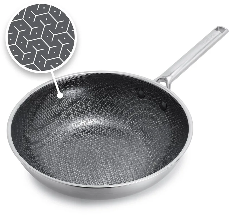 Apex Wok - 28cm - PFAS-vrij - Inductie wok - Keramsich - Honingraat- Ovenbestendig tot 220°C - Vaatwasserbestendig - RVS handgrepen – Roestvrijstaal från GreenPan i Silver – produktbild