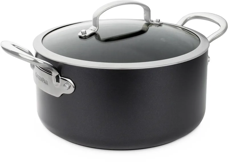 Barcelona Kookpan 24cm - 5.1L – PFAS-vrije antikleeflaag – Inductie kookpan – Keramische pan - Ovenbestendig tot 220°C – RVS handgrepen - Met glazen deksel - Zwart de GreenPan en Noir – photo produit
