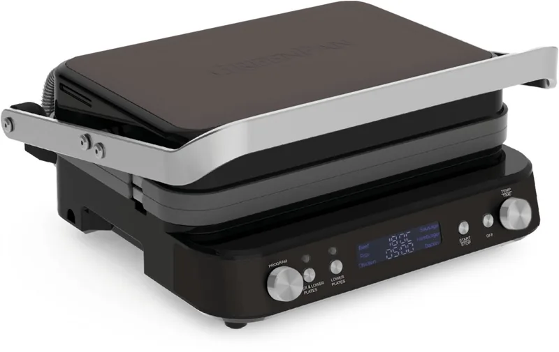 Bistro Contactgrill Zwart - 2000W - PFAS-vrije antikleeflaag - Keramische antiaanbaklaag - Teppanyaki - Uitneembare platen - 180° uitvouwbaar fra GreenPan i Sølv – produktbillede