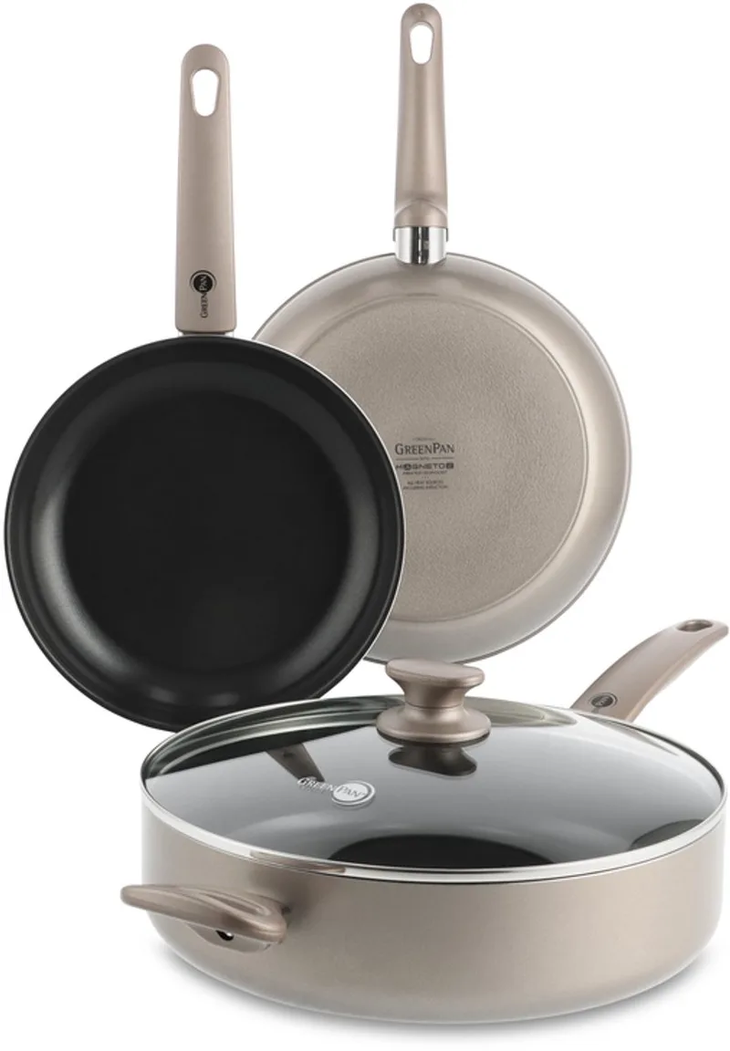 Cambridge Bronze Pannenset 3-delig - Koekenpan 24 cm + 28 cm + Hapjespan 28 cm - PFAS-vrije antiaanbaklaag - Inductie Pannenset - Ovenbestendig tot 160°C - Diamantversterkt fra GreenPan i Bronze – produktbillede