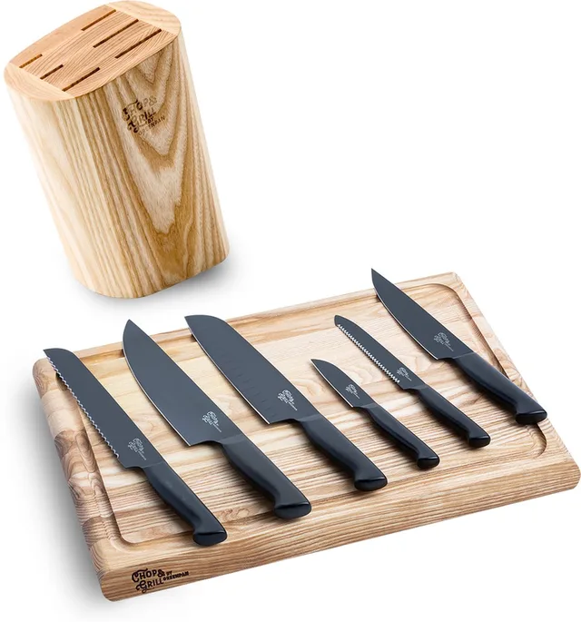 Chop & Grill - Esdoornhout Messenblok & Snijplak - 6-delige RVS Messenset