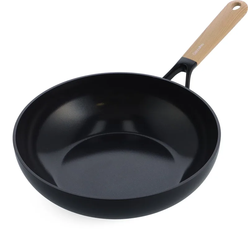 Eco-Smartshape Wokpan 28cm - 3.7L - PFAS-vrije antikleeflaag - Wokpan inductie - Keramische pan - Ovenbestendig tot 140°C - Koudgrepen - Zonder deksel - Light wood de GreenPan en Noir – photo produit
