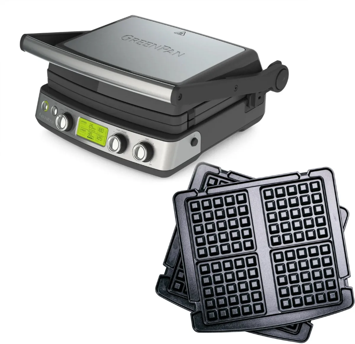 Elite Contact Grill - PFAS-vrije antikleeflaag - LCD-display - Antislip - Vermogen: 2200 W - Koudgreep - Met extra wafelplaten - Zwart van GreenPan in Glossy Black – productfoto