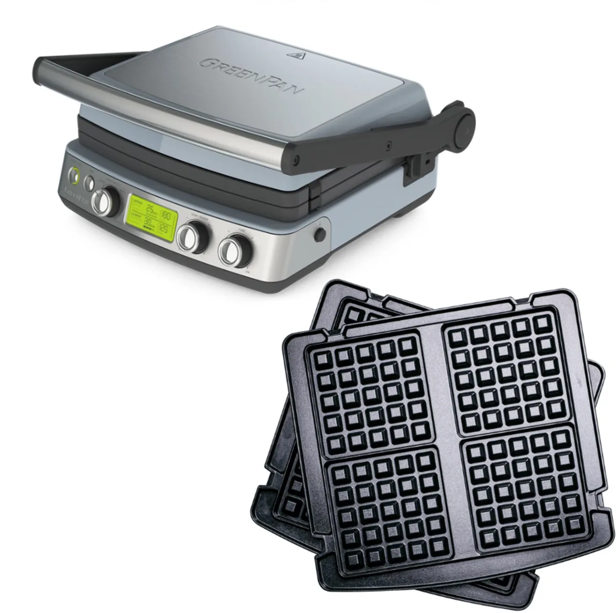 Elite Contact Grill - PFAS-vrije antikleeflaag - LCD-display - Antislip - Vermogen: 2200 W - Koudgreep - Met extra wafelplaten van GreenPan in Blue Haze – productfoto