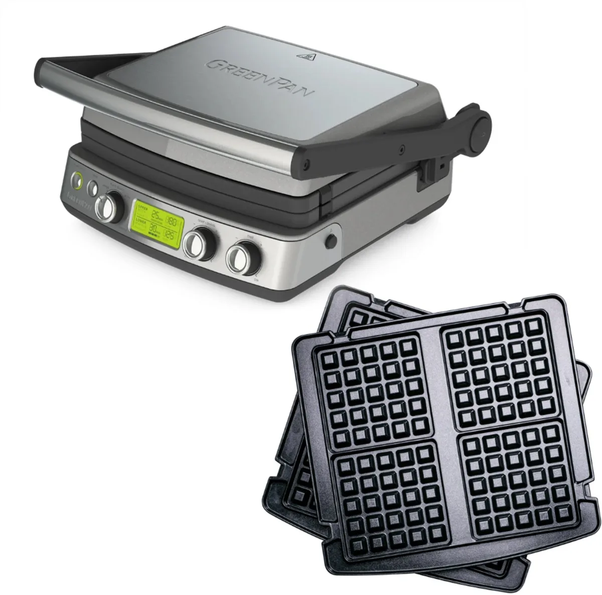 Elite Contact Grill - PFAS-vrije antikleeflaag - LCD-display - Antislip - Vermogen: 2200 W - Koudgreep - Met extra wafelplaten de GreenPan en Stainless Steel – photo produit
