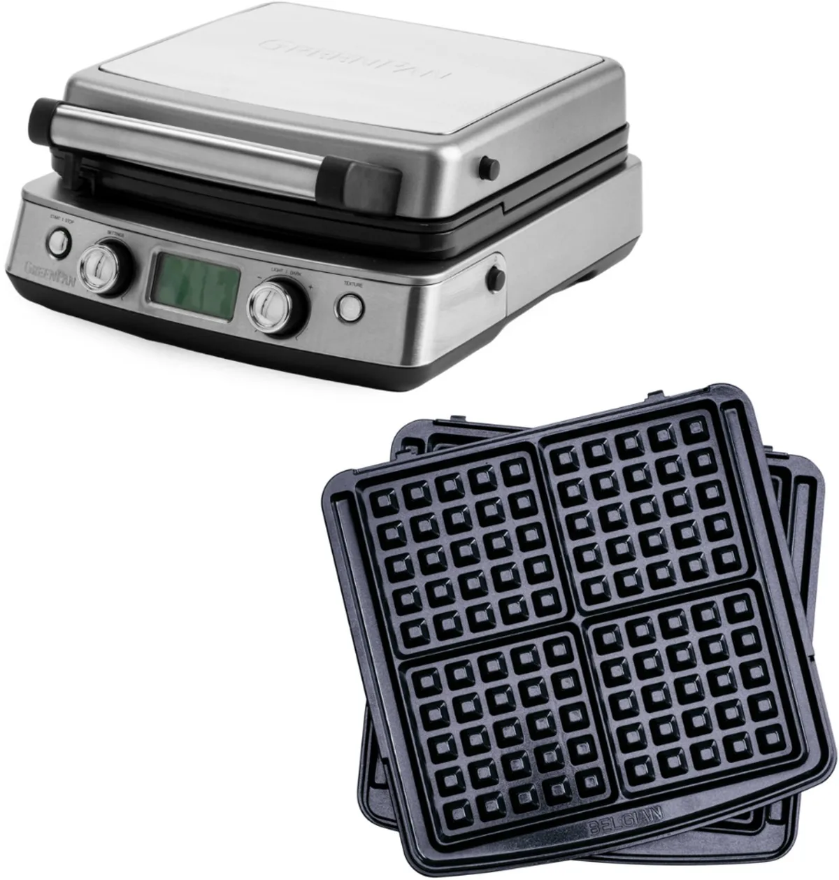 Elite Wafelijzer - PFAS-vrije antikleeflaag - Leddisplay - Antislip - Vermogen: 1600 W - Koudgreep - Met extra wafelplaten von GreenPan in Stainless steel – Produktfoto