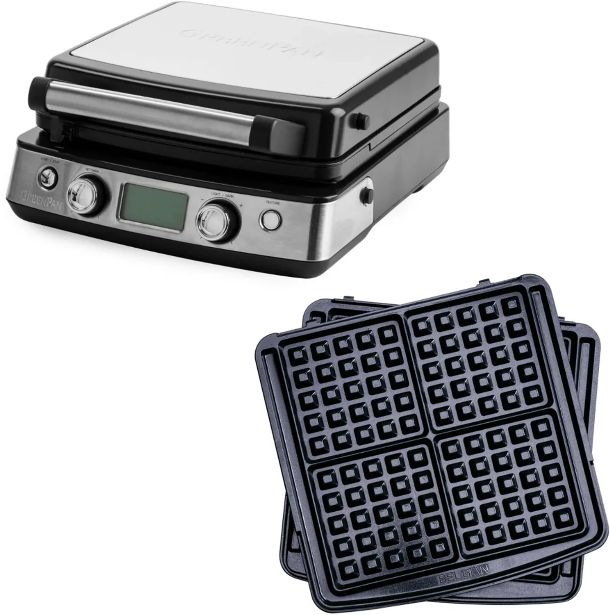 Elite Wafelijzer - PFAS-vrije antikleeflaag - Leddisplay - Antislip - Vermogen: 1600 W - Koudgreep - Met extra wafelplaten - Zwart van GreenPan in Glossy Black – productfoto
