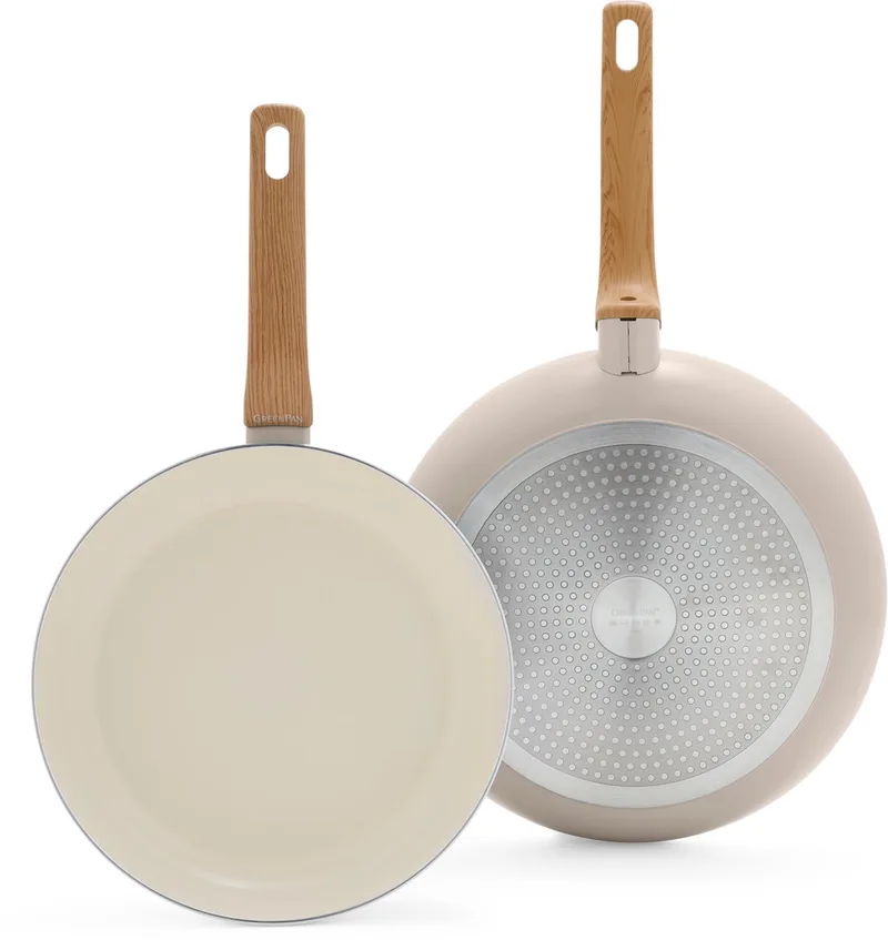 Essence Koekenpannenset 2-delig - 26/30cm - PFAS-vrije antikleeflaag - Pannenset inductie - Keramische pan - Ovenbestendig tot 160°C - Houteffect handgrepen - Koudgrepen de GreenPan en Taupe – photo produit