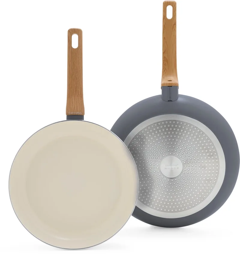 Essence Koekenpannenset 2-delig - 26/30cm - PFAS-vrije antikleeflaag - Pannenset inductie - Keramische pan - Ovenbestendig tot 160°C - Houteffect handgrepen - Koudgrepen - Grijs fra GreenPan i Taupe-grey – produktbillede