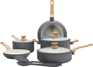 Essence Pannenset 10-delig - 18/20/24/26cm - PFAS-vrije antikleeflaag - Pannenset inductie - Keramische pan - Ovenbestendig tot 160°C - Houteffect handgrepen - Koudgrepen - Met glazen deksel - Grijs fra GreenPan i Grå – produktbillede 1 af 6