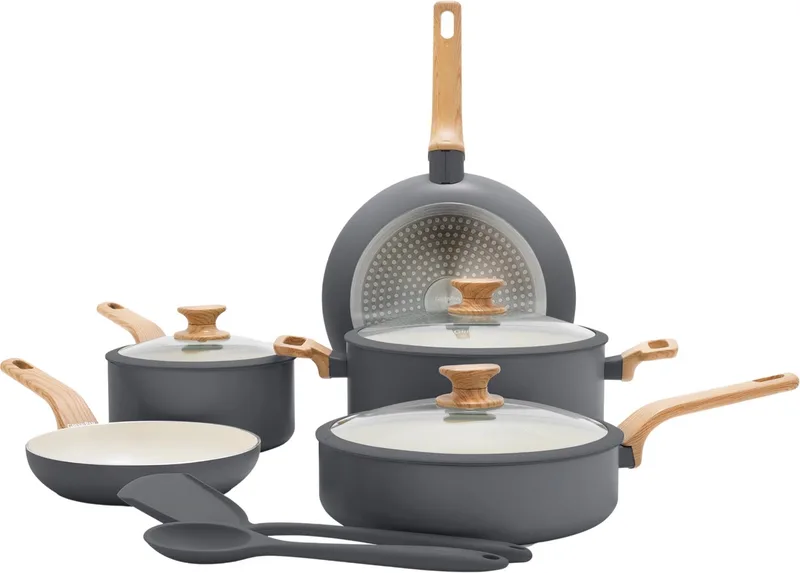 Essence Pannenset 10-delig - 18/20/24/26cm - PFAS-vrije antikleeflaag - Pannenset inductie - Keramische pan - Ovenbestendig tot 160°C - Houteffect handgrepen - Koudgrepen - Met glazen deksel - Grijs fra GreenPan i Grå – produktbillede 1 af 6